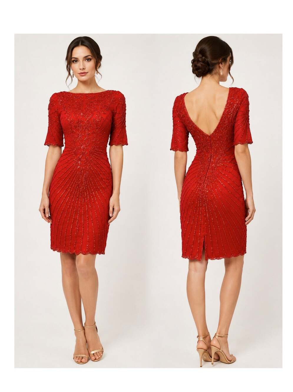 90s Lipstick Red Beaded Sequin Silk Cocktail Dress | XS